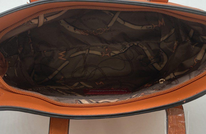 Montana West cognac orange structured tote with matching zip wallet, view 5