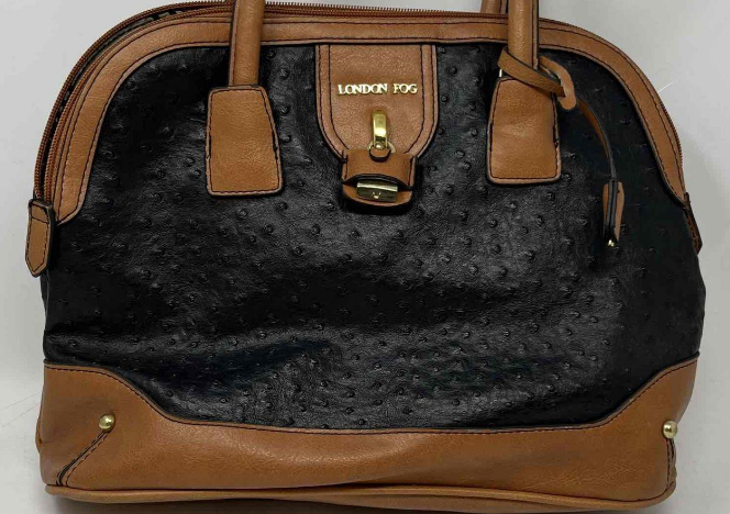 Black ostrich-embossed faux leather dome satchel with brown trim and top handles, view 2