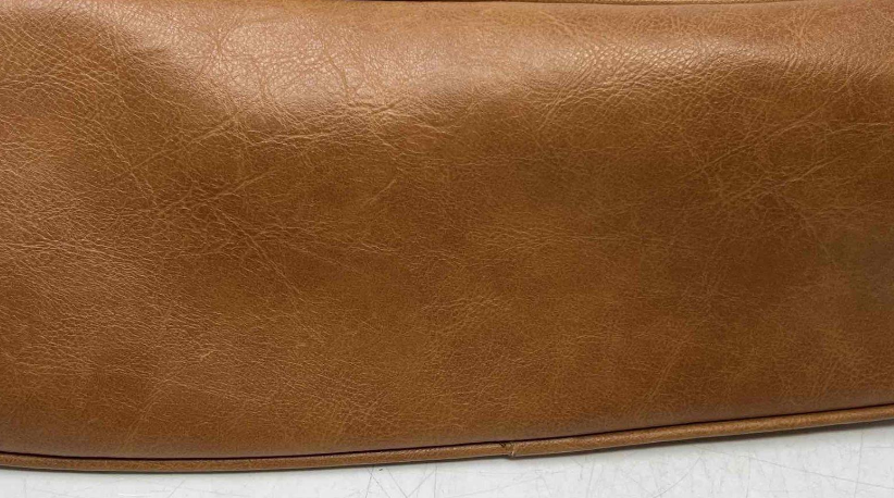 Black ostrich-embossed faux leather dome satchel with brown trim and top handles, view 4