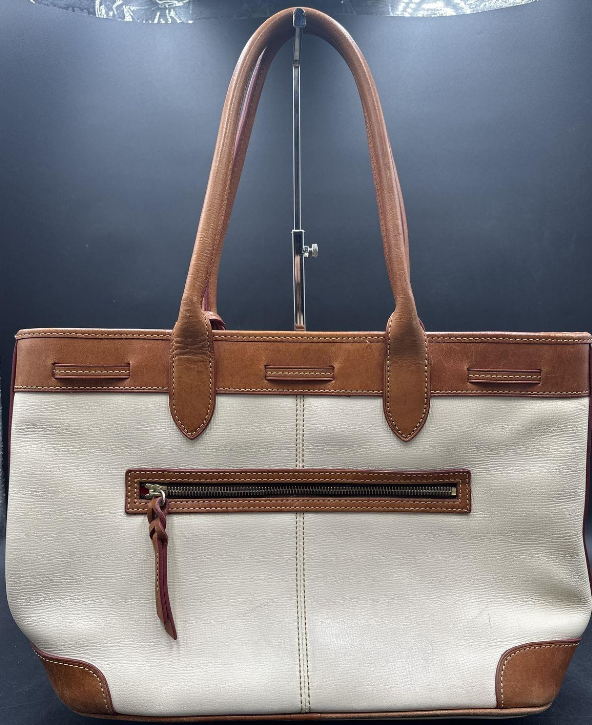 Vintage Dooney and Bourke White and Tan Leather Tassel Tote Bag