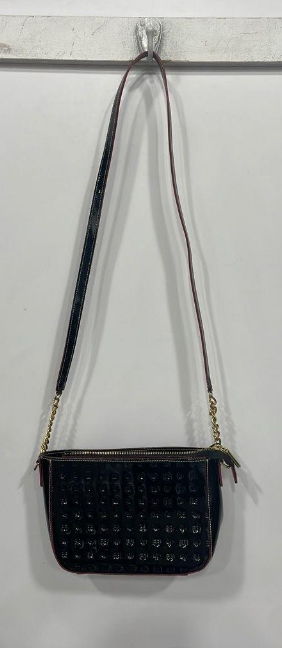 Black embossed patent leather shoulder bag with slim strap and gold-tone chain accents, view 2