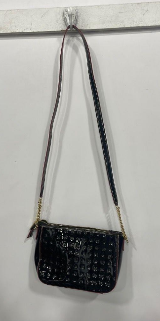 Black embossed patent leather shoulder bag with slim strap and gold-tone chain accents, view 8