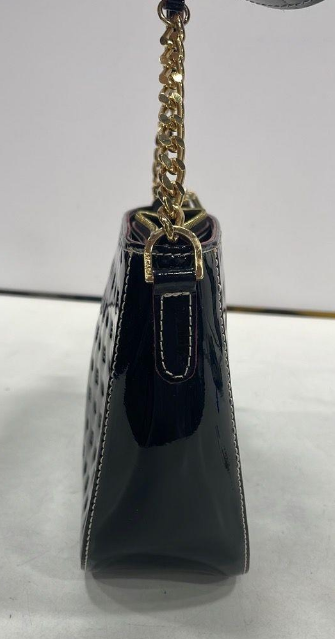 Black embossed patent leather shoulder bag with slim strap and gold-tone chain accents, view 3