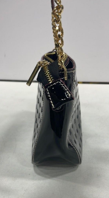 Black embossed patent leather shoulder bag with slim strap and gold-tone chain accents, view 6