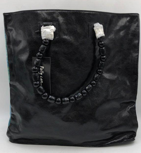 Polly Can art tote with painted woman and black cat on blue background, view 9