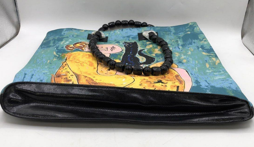 Polly Can art tote with painted woman and black cat on blue background, view 7