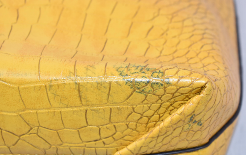 Mustard yellow croc embossed tote with dark handles and matching pouch, view 6