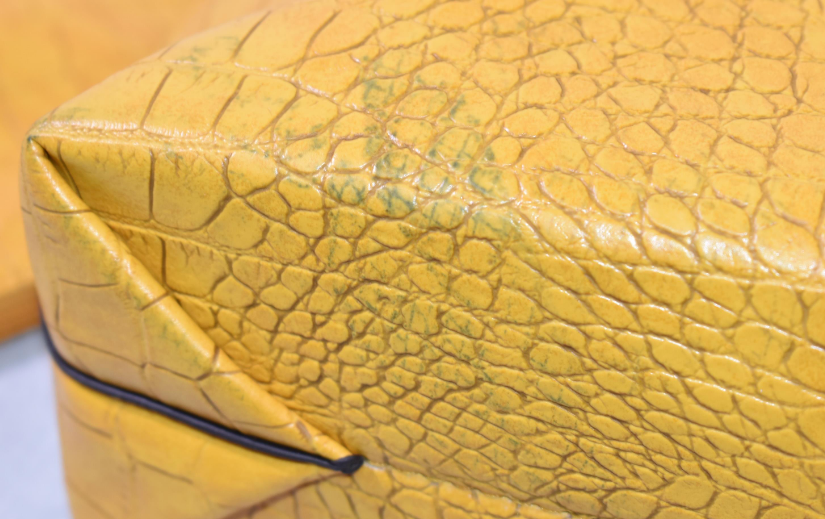 Mustard yellow croc embossed tote with dark handles and matching pouch, view 5