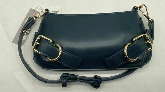 Deep Teal Leather Shoulder Bag with Gold Tone Buckle Detail