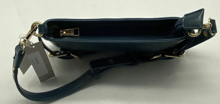 Deep teal leather shoulder bag with gold-tone buckle accents, view 6