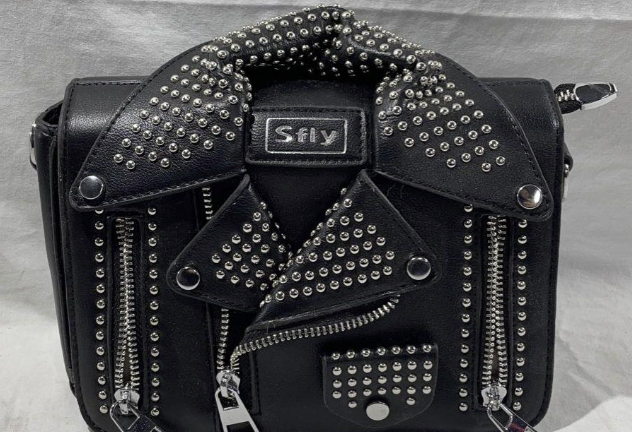 Sfly black studded moto jacket novelty crossbody clutch bag, view 2