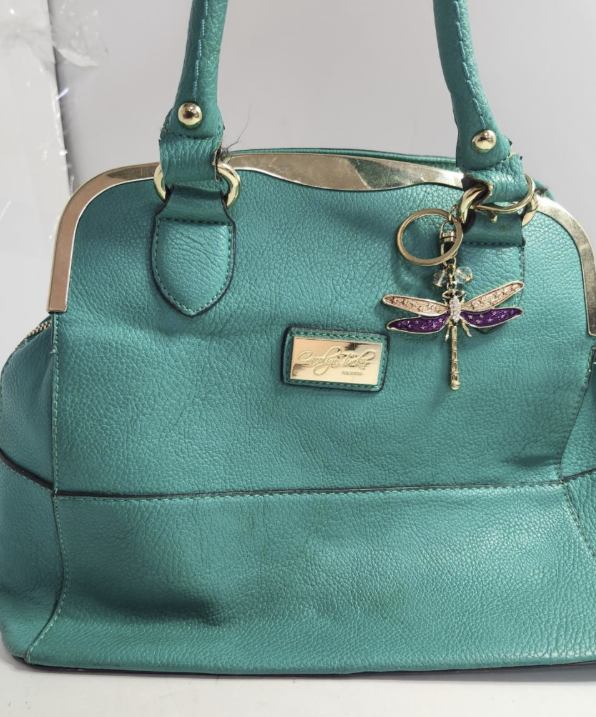 Carolyn Tucker Teal Pebbled Satchel Handbag with Gold Tone Frame and Dragonfly Charm