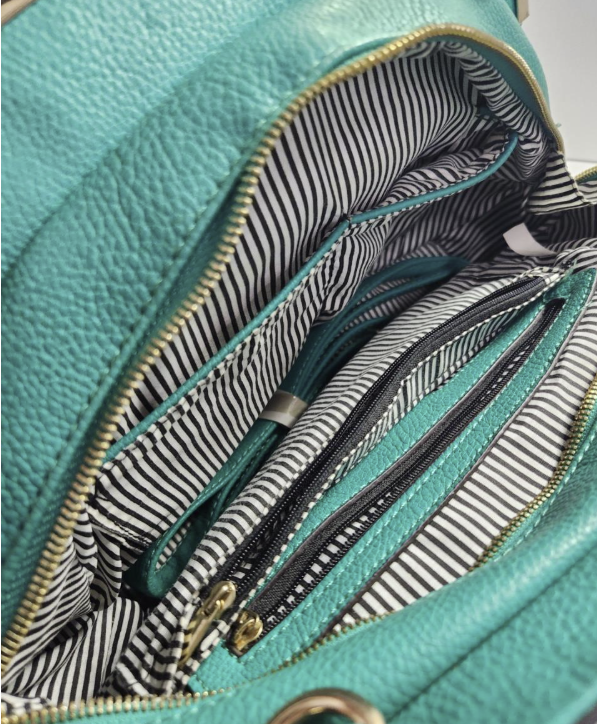 Carolyn Tucker Teal Pebbled Satchel Handbag with Gold Tone Frame and Dragonfly Charm