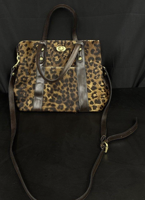 Leopard print satchel with dark brown leather trim, top handles and shoulder strap, view 3