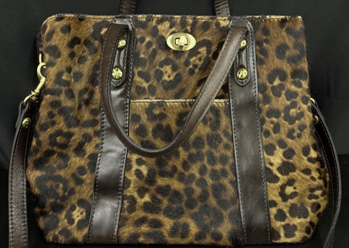 Leopard print satchel with dark brown leather trim, top handles and shoulder strap, view 4
