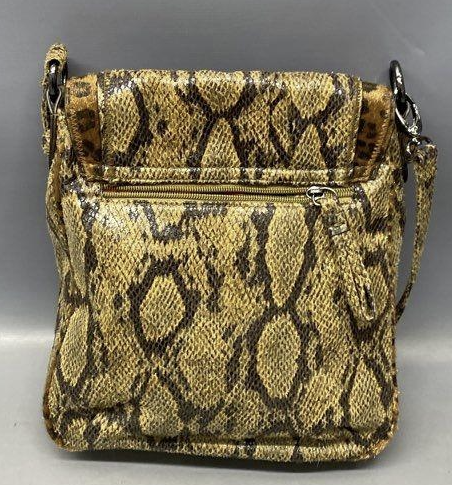 Gold and black snakeskin print flap-front crossbody bag with slim strap, view 3