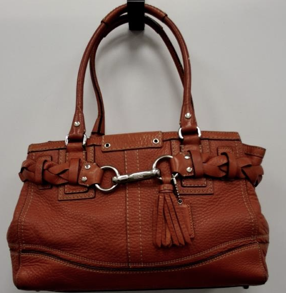 Burnt orange pebbled leather satchel with braided side detail and horsebit hardware, view 2