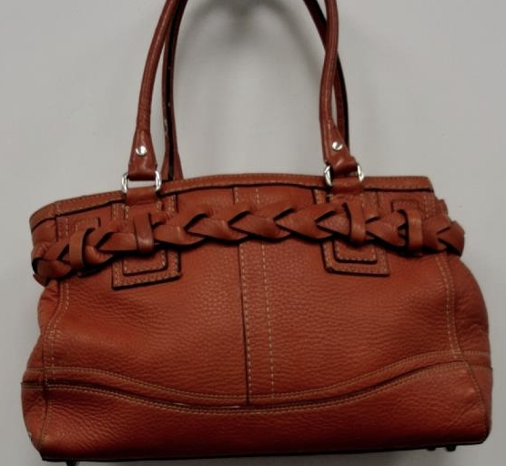 Burnt orange pebbled leather satchel with braided side detail and horsebit hardware, view 4