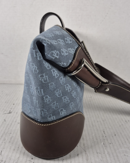 Blue tonal monogram canvas shoulder bag with brown leather trim and strap, view 4