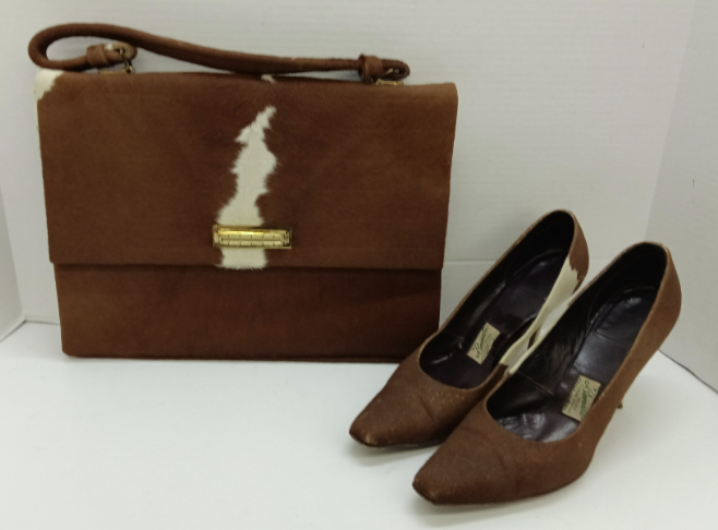 PYMSA cowhide shoulder bag with matching Bonita cowhide heels, view 5