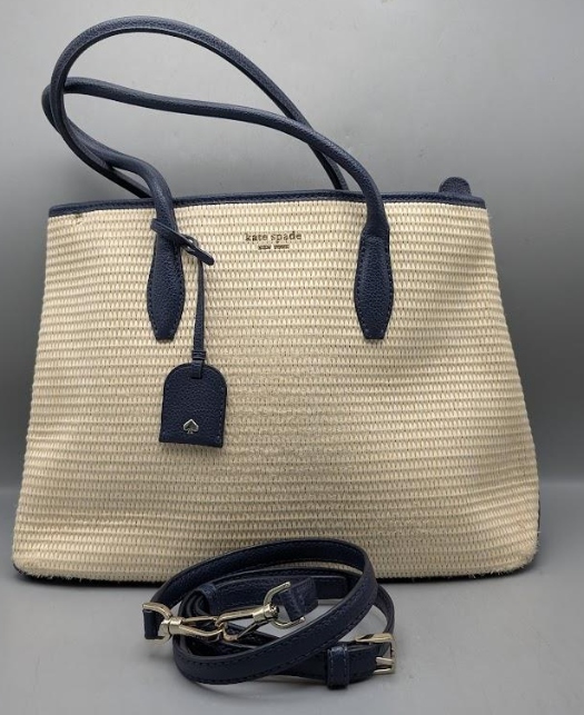 Kate Spade New York cream woven tote with navy leather trim, view 4