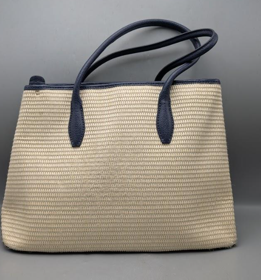 Kate Spade New York cream woven tote with navy leather trim, view 2