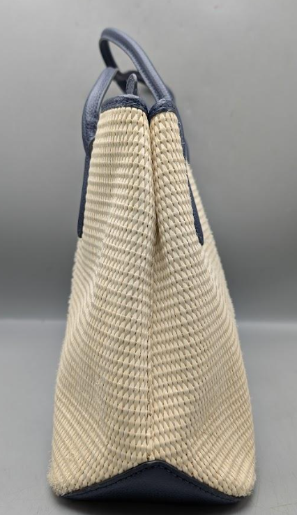 Kate Spade New York cream woven tote with navy leather trim, view 3