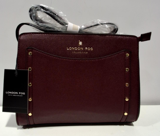 London Fog Taylor Plum Studded Crossbody Bag with Shoulder Strap and Gold Tone Hardware