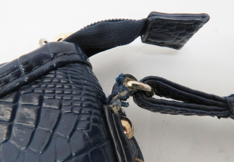 Deep blue croc-embossed faux leather crossbody bag with front zip pocket, view 3