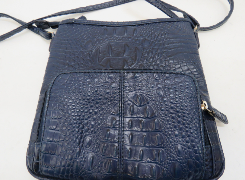 Deep blue croc-embossed faux leather crossbody bag with front zip pocket, view 7