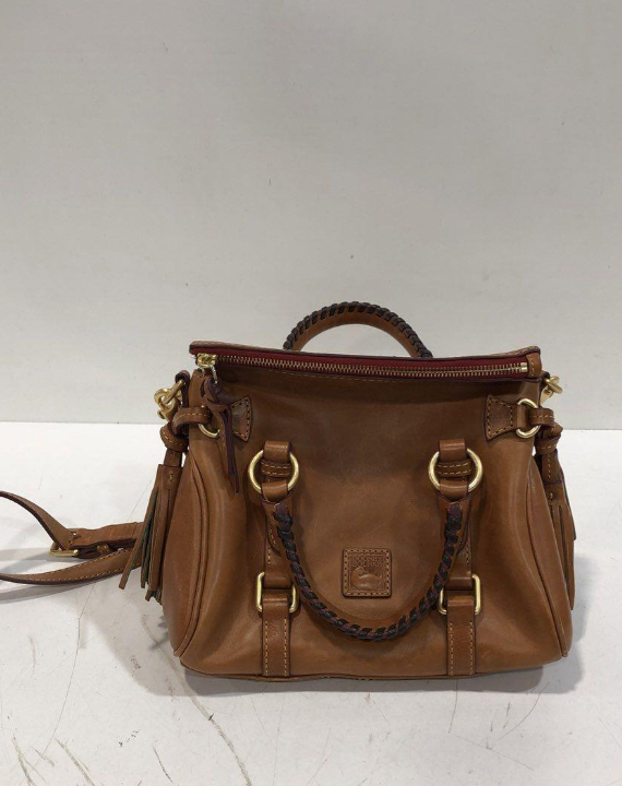 Dooney and Bourke brown Florentine leather satchel with tassels and braided handles, view 2