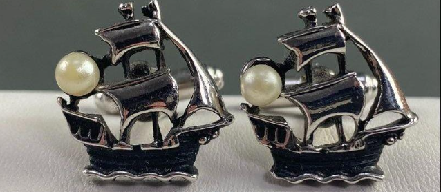 Vintage Ship Cufflinks with Pearl Accent — Nautical Motiff
