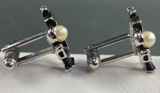Vintage Ship Cufflinks with Pearl Accent — Nautical Motiff