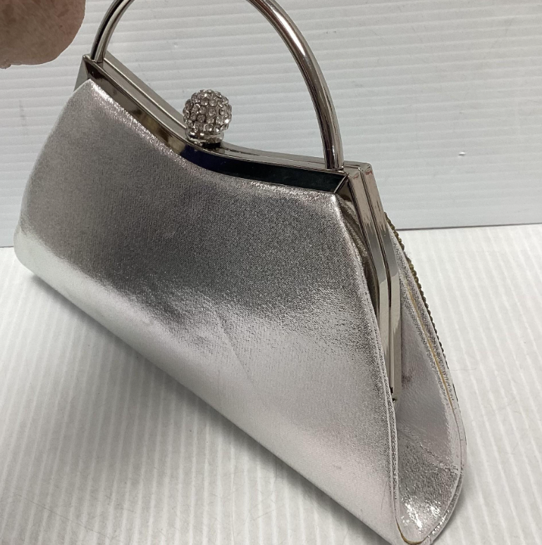 Silver rhinestone evening bag with top handle, kiss-lock frame and crystal-style sphere clasp, view 6