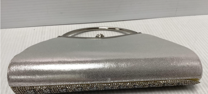 Silver rhinestone evening bag with top handle, kiss-lock frame and crystal-style sphere clasp, view 4