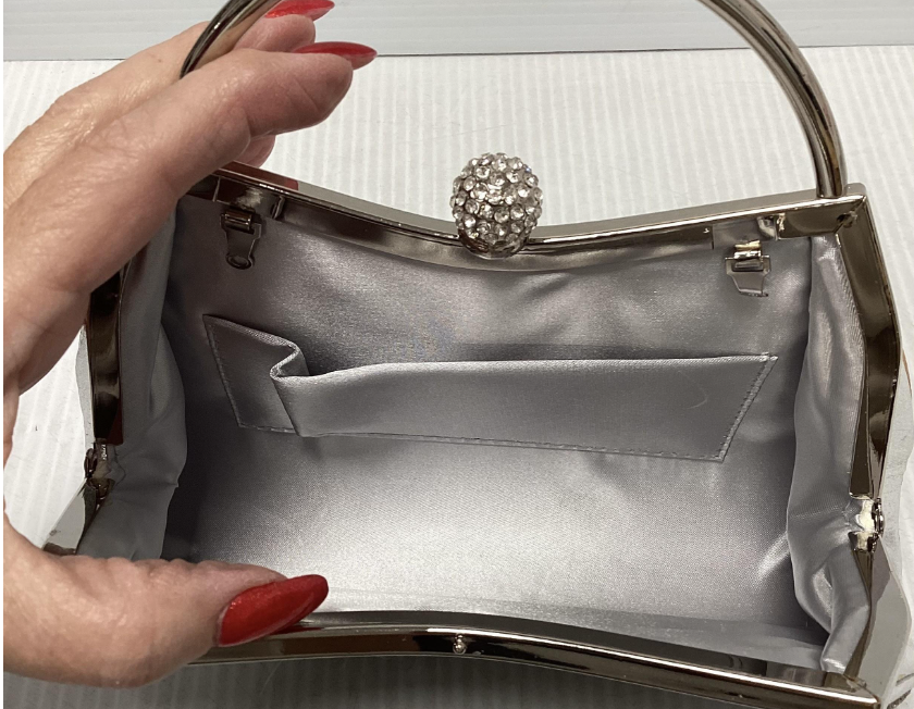 Silver rhinestone evening bag with top handle, kiss-lock frame and crystal-style sphere clasp, view 3