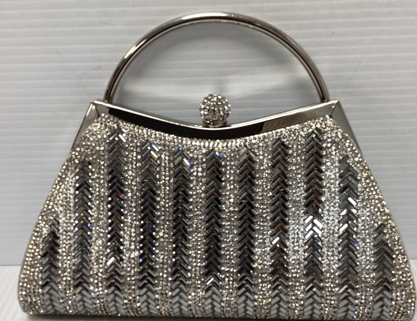 Silver Rhinestone Evening Bag with Top Handle and Crystal Clasp Formal Clutch