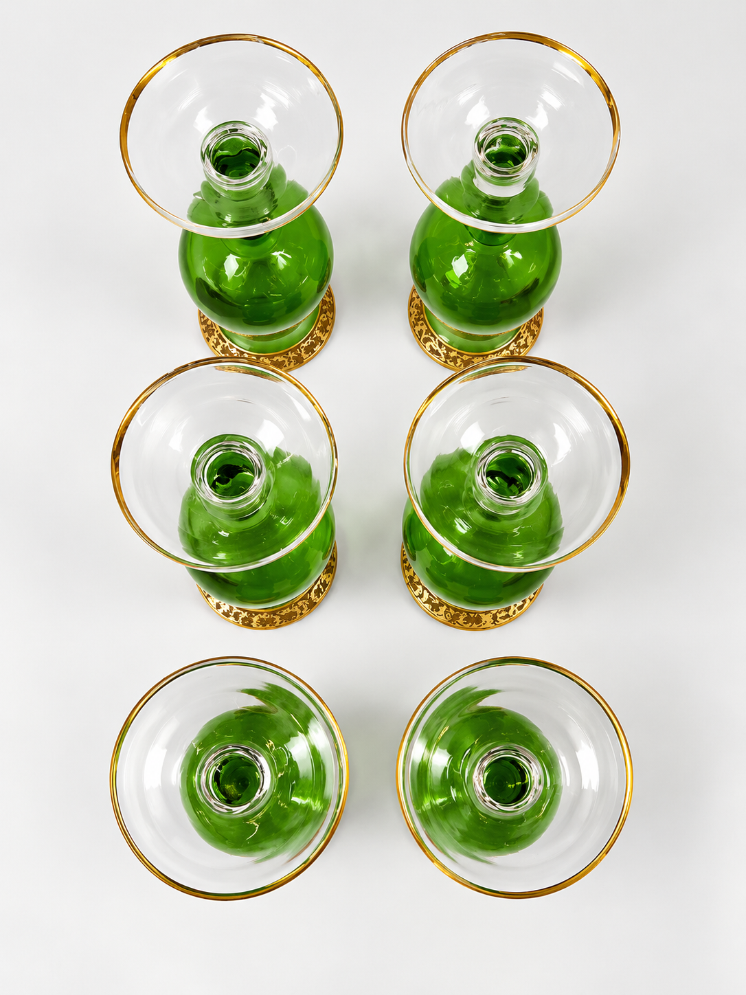 Emerald green glass cordial decanter and six stemmed glasses with ornate gold-tone decoration, view 5