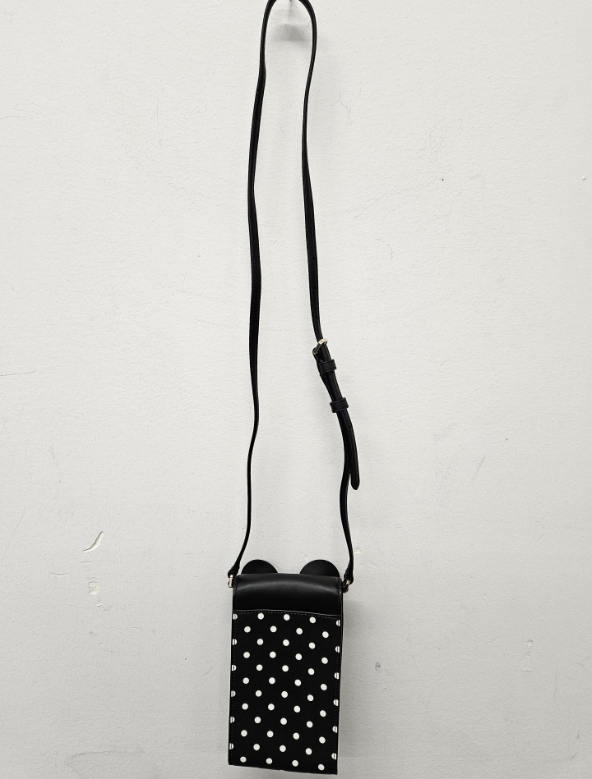 Black and white polka dot crossbody bag with Minnie Mouse ears and red bow, view 5