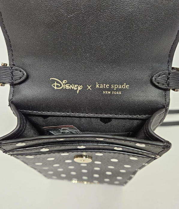 Black and white polka dot crossbody bag with Minnie Mouse ears and red bow, view 4