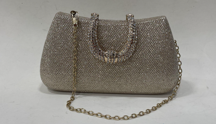 Vintage Rhinestone Evening Clutch Purse Gold Crystal Frame Handbag w/ Chain Strap