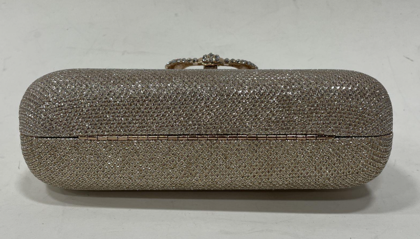 Vintage Rhinestone Evening Clutch Purse Gold Crystal Frame Handbag w/ Chain Strap