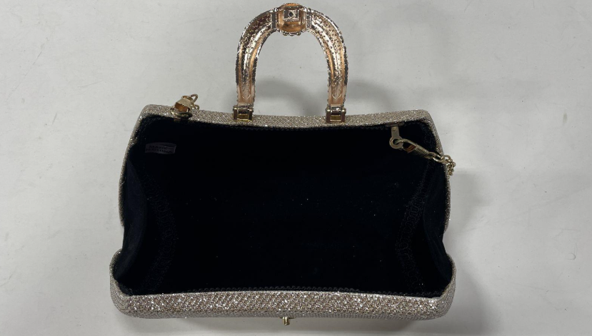 Vintage Rhinestone Evening Clutch Purse Gold Crystal Frame Handbag w/ Chain Strap