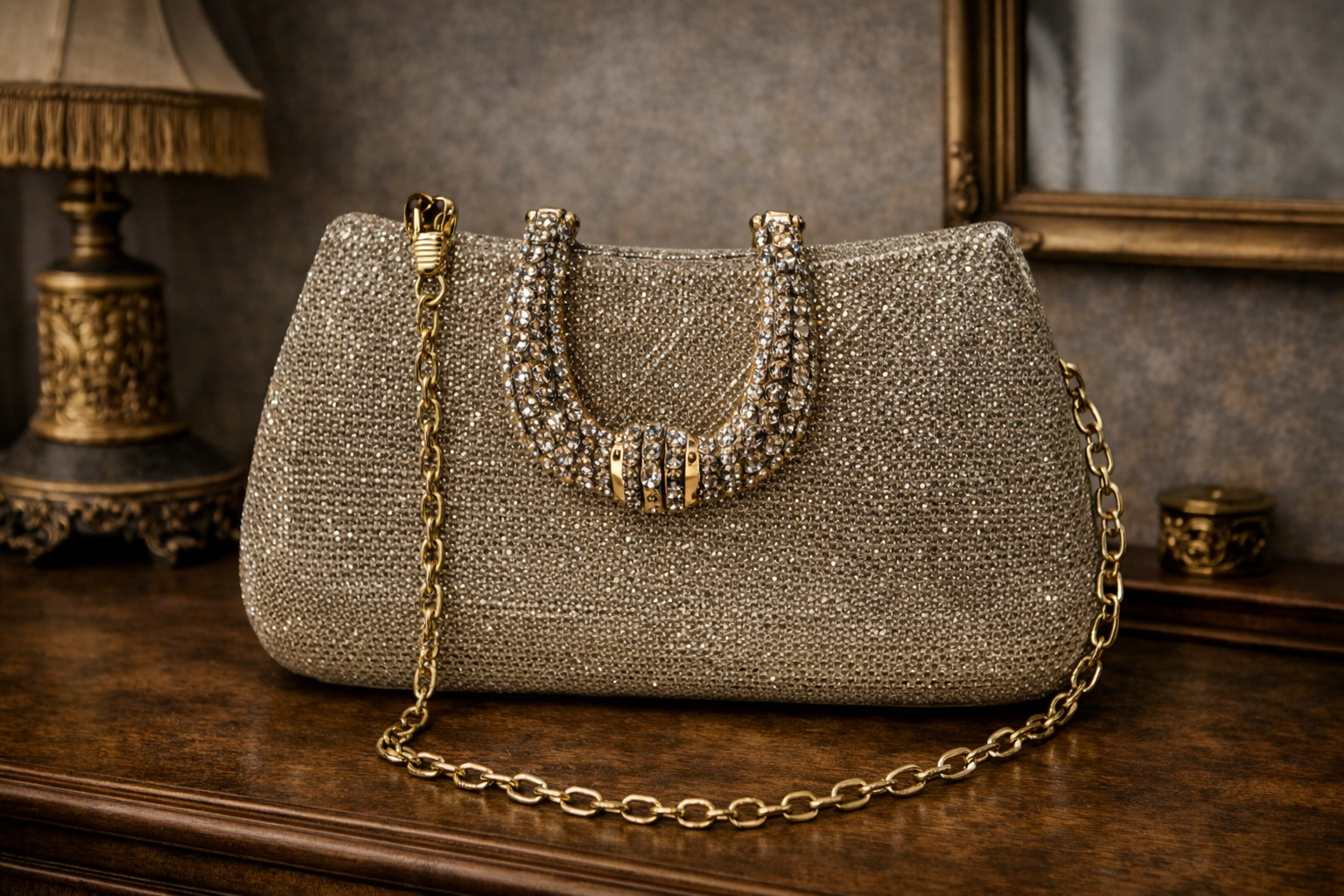 Vintage Rhinestone Evening Clutch Purse Gold Crystal Frame Handbag w/ Chain Strap