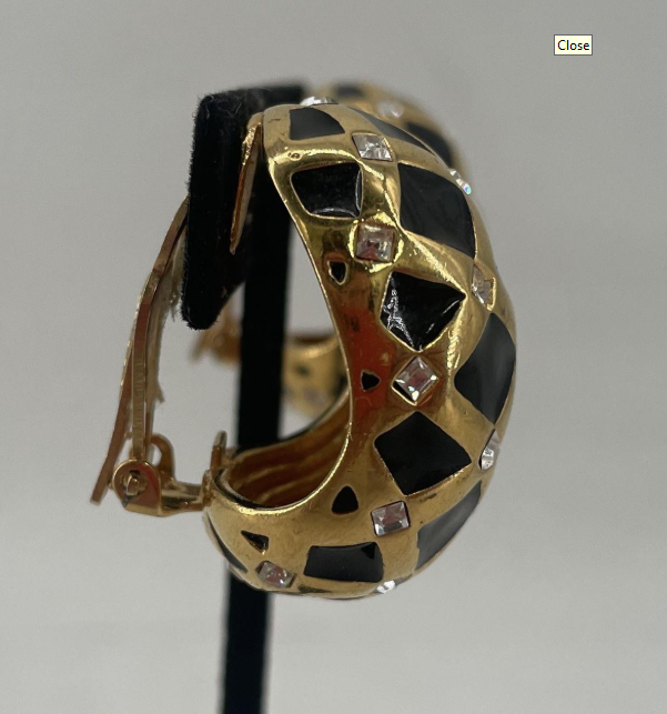 Signed St. John gold-tone dome clip-on earrings with black enamel and rhinestones, view 3