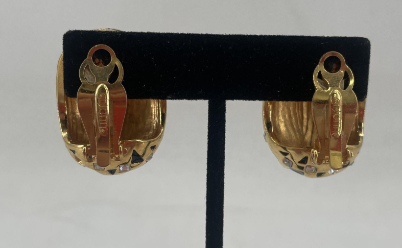 Signed St. John gold-tone dome clip-on earrings with black enamel and rhinestones, view 4