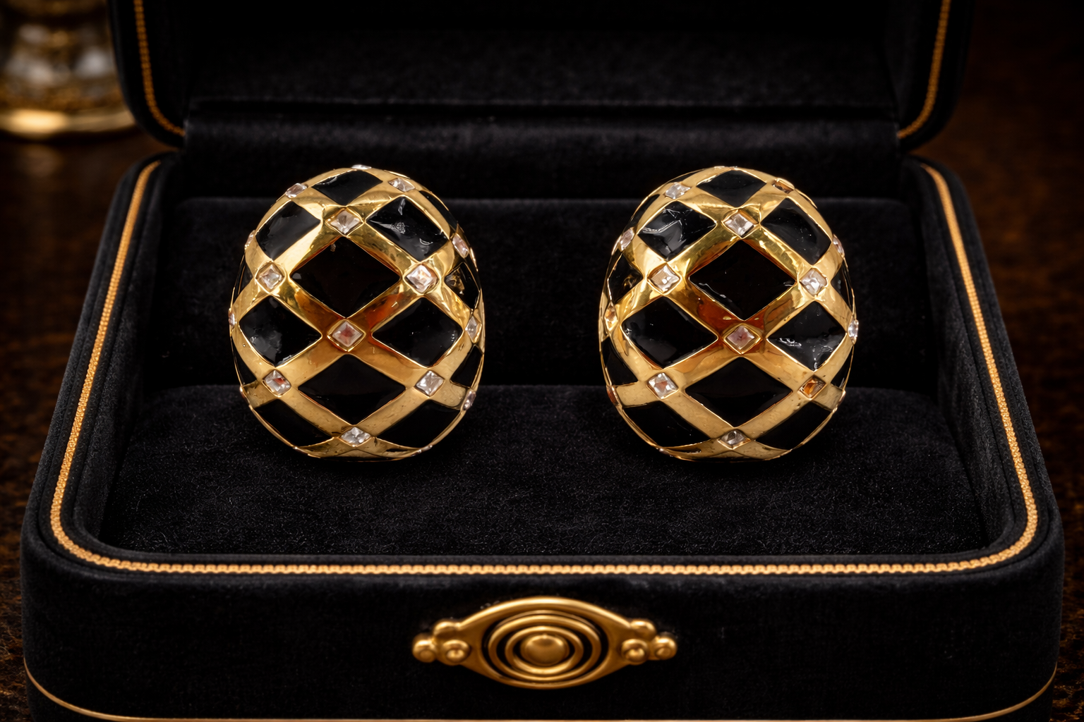 Vintage St. John Black Enamel & Rhinestone Clip-On Earrings – Gold Tone