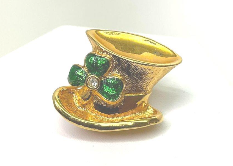 Gold-tone teacup brooch with green enamel shamrock and rhinestone accent, view 2