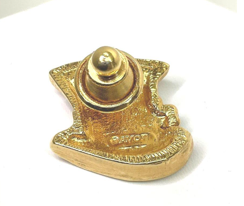 Gold-tone teacup brooch with green enamel shamrock and rhinestone accent, view 3