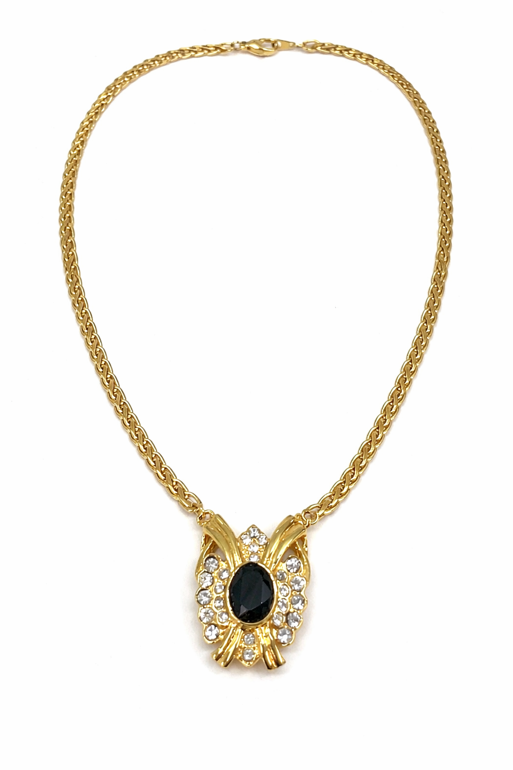 Gold Tone Statement Necklace with Black Oval Stone & Rhinestone Pendant